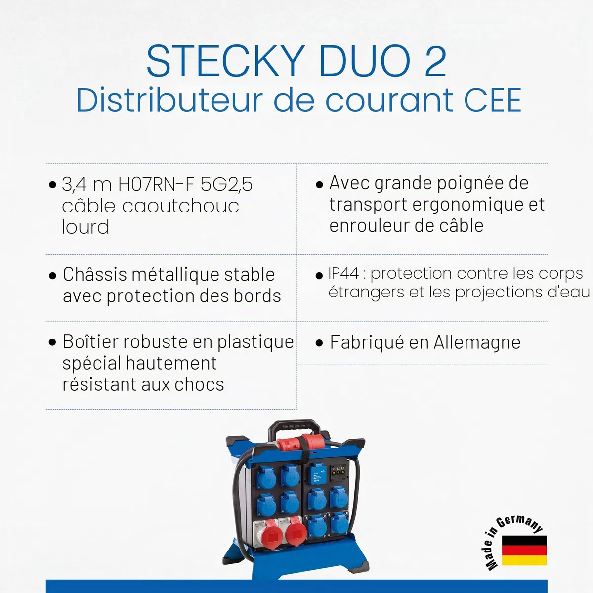 as - Schwabe Bloc d'alimentation portable STECKY DUO 2 - Fiche CEE 400 V/16 A/5 broches - 8 x Schuko, 2 x CEE 16 A, 2 ports USB - Adaptateur mobile - Répartiteur pour l'intérieur et l'extérieur - IP44