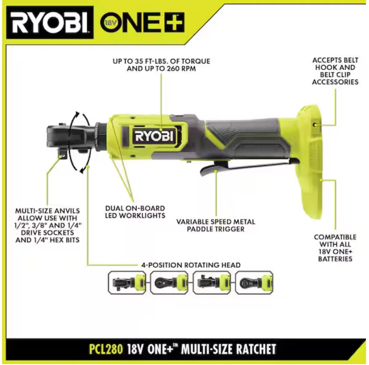 RYOBI ONE+ PCL280B Cliquet sans fil multi-tailles 18 V Outillage (outil uniquement)