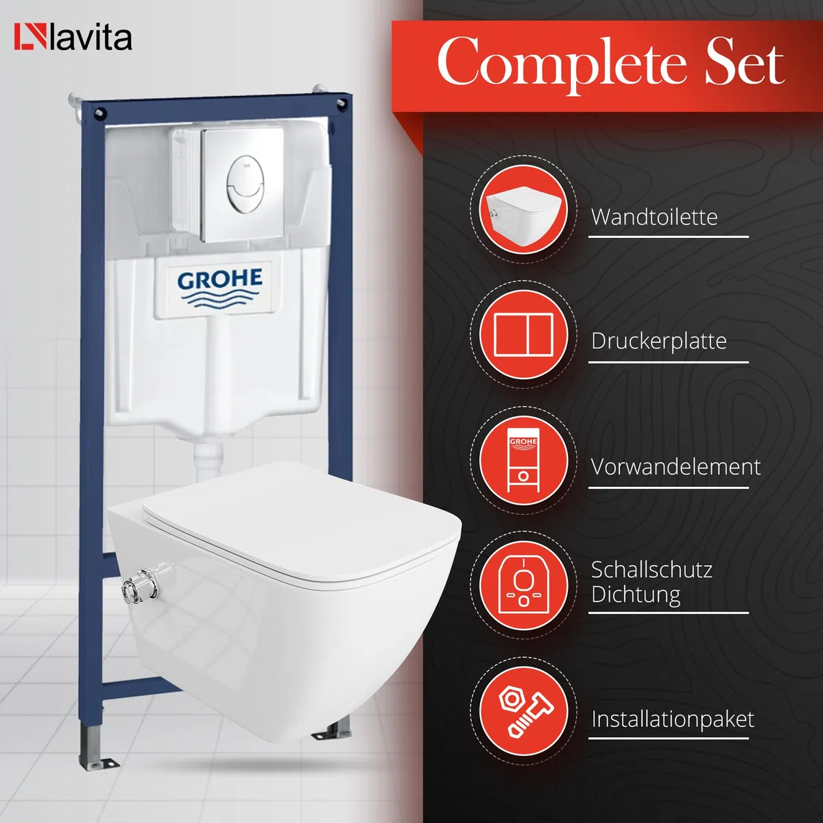 LAVITA Élément mural Solido Start + WC suspendu mural Parana blanc sans bord + abattant WC SoftClose | Bouton chromé | Kit complet | Réservoir de chasse encastré | Kit complet | WC complet |