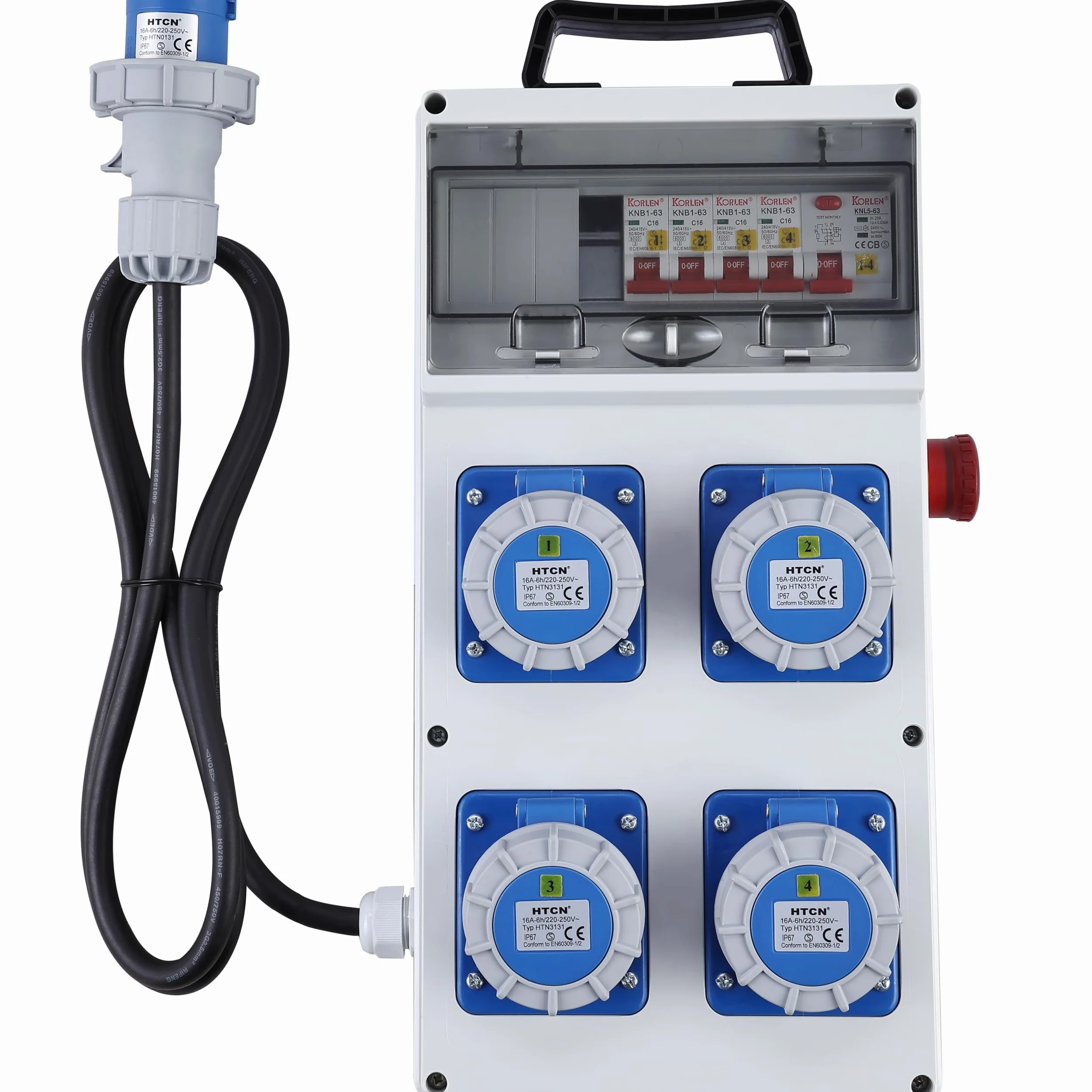 Electraline 60425 Coffret de Chantier avec 4 prises CEE 2P+T IP67, fiche CEE 2P+T, câble 3G2.5 H07RN-F de 1,7 m, avec interrupteur différentiel RCD 30 mA et 4 disjoncteurs MCB