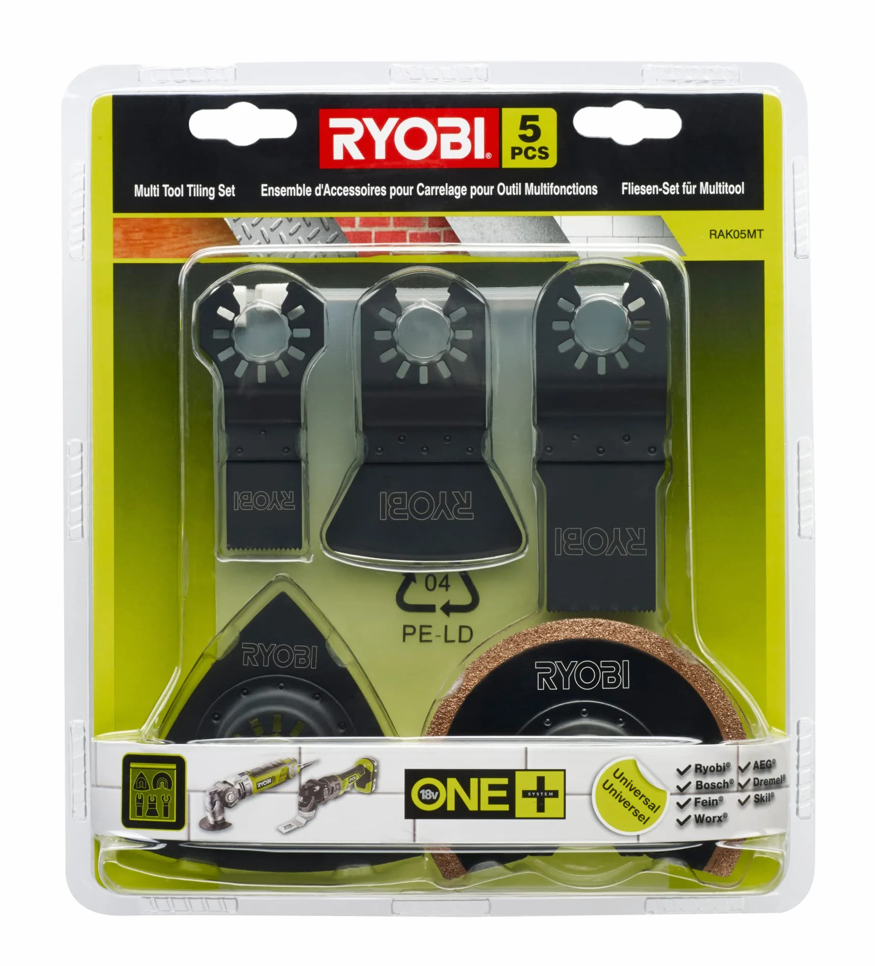 Ryobi - Outil multifonctions 18 V One+ sans batterie ni chargeur 10000-20000 osc/min tête 5 positions - R18MT-0 & Kit Spécial Carrelage 5 Pièces Multitool RAK05MT