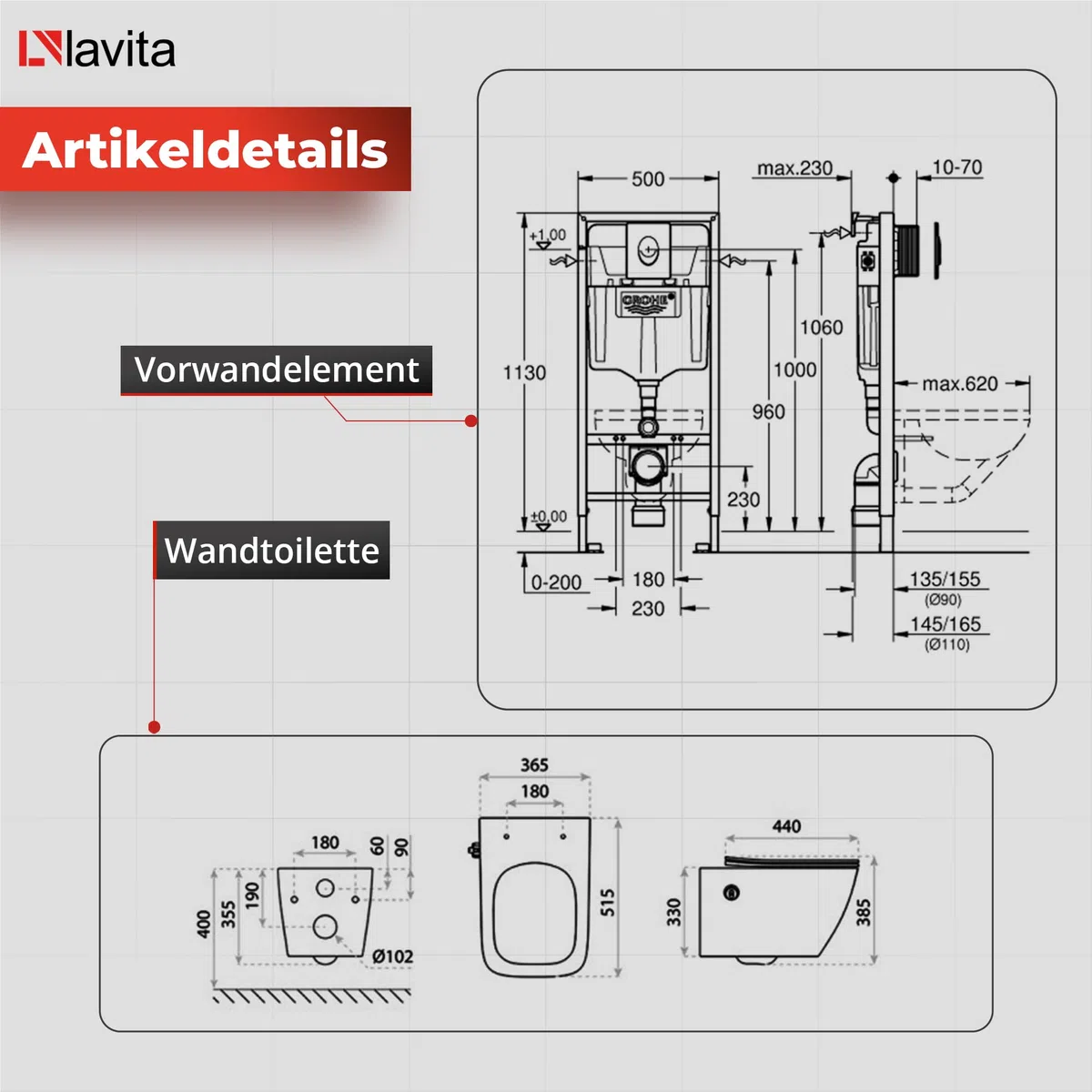 LAVITA Élément mural Solido Start + WC suspendu mural Parana blanc sans bord + abattant WC SoftClose | Bouton chromé | Kit complet | Réservoir de chasse encastré | Kit complet | WC complet |