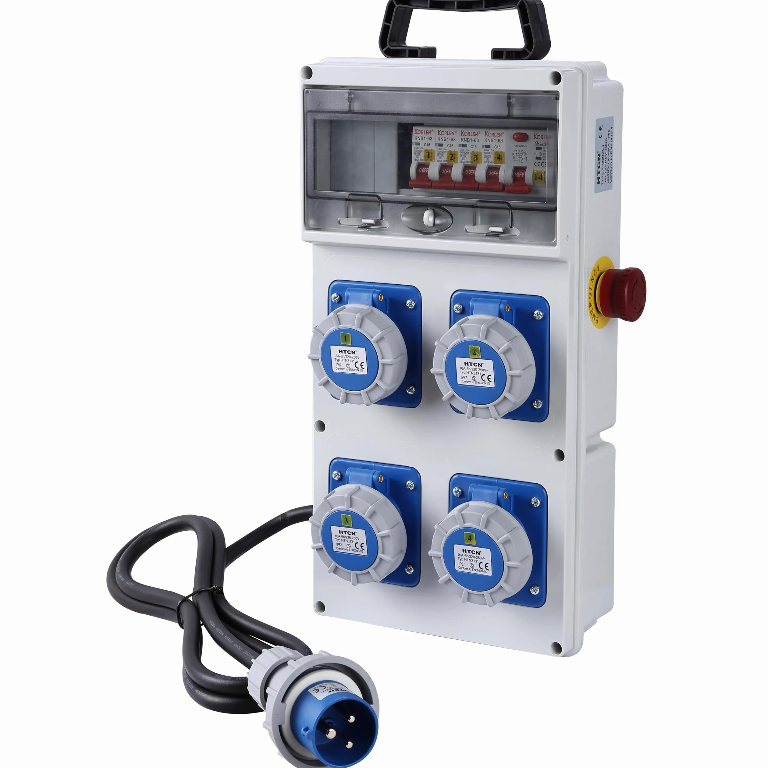 Electraline 60425 Coffret de Chantier avec 4 prises CEE 2P+T IP67, fiche CEE 2P+T, câble 3G2.5 H07RN-F de 1,7 m, avec interrupteur différentiel RCD 30 mA et 4 disjoncteurs MCB