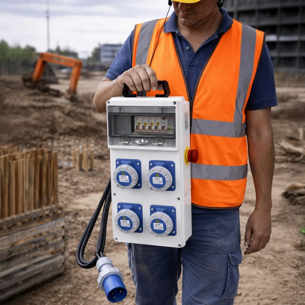 Electraline 60425 Coffret de Chantier avec 4 prises CEE 2P+T IP67, fiche CEE 2P+T, câble 3G2.5 H07RN-F de 1,7 m, avec interrupteur différentiel RCD 30 mA et 4 disjoncteurs MCB