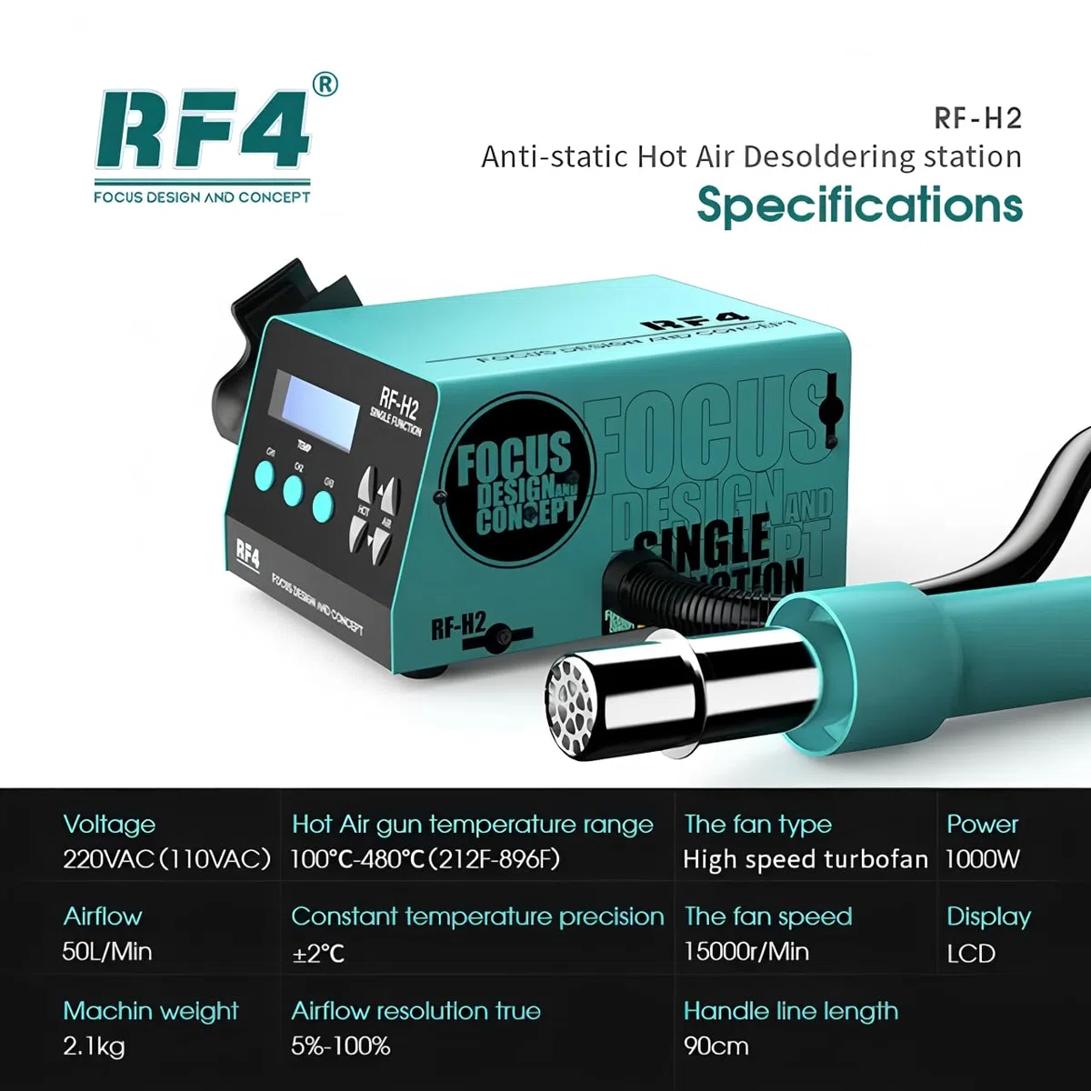 Pistolet à air chaud multifonction rapide 1000W pour désoudage, station de soudure à affichage numérique, station intelligente de rework BGA pour réparation de puces PCB RF4-H2