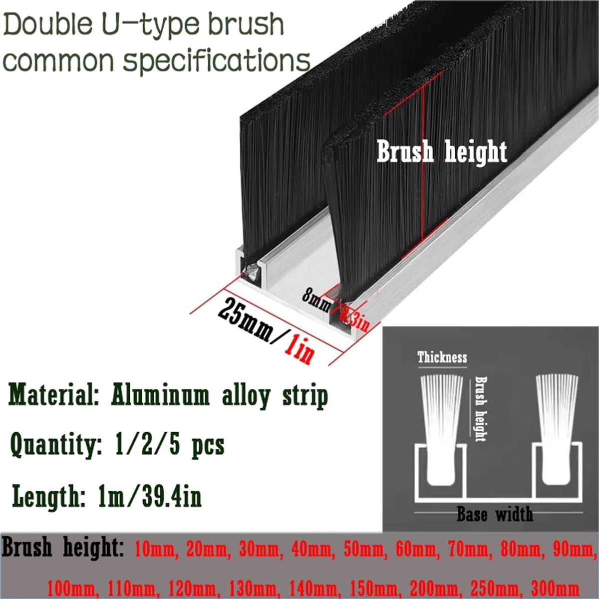 pare-courant d'air pour portes, Aluminum Alloy Brush Strip Sealing Draught Excluder 10-300mm 1/2/5 Pcs(5 Pcs,Brush Height 120mm)