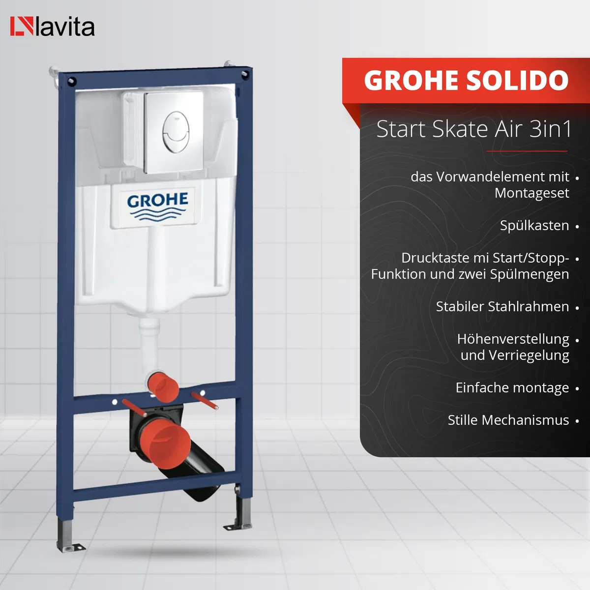 LAVITA Élément mural Solido Start + WC suspendu mural Parana blanc sans bord + abattant WC SoftClose | Bouton chromé | Kit complet | Réservoir de chasse encastré | Kit complet | WC complet |